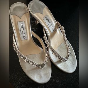 Jimmy Choo silver embellished rhinestone thong, sandal, kitten heel, size 6.5